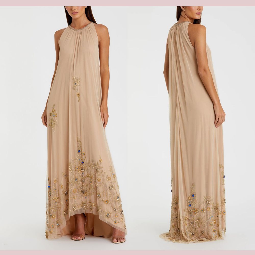 NWT Mac‎ Duggal [ 10 ] 9232 High Neck Floral Embellished Trapeze Gown Nude